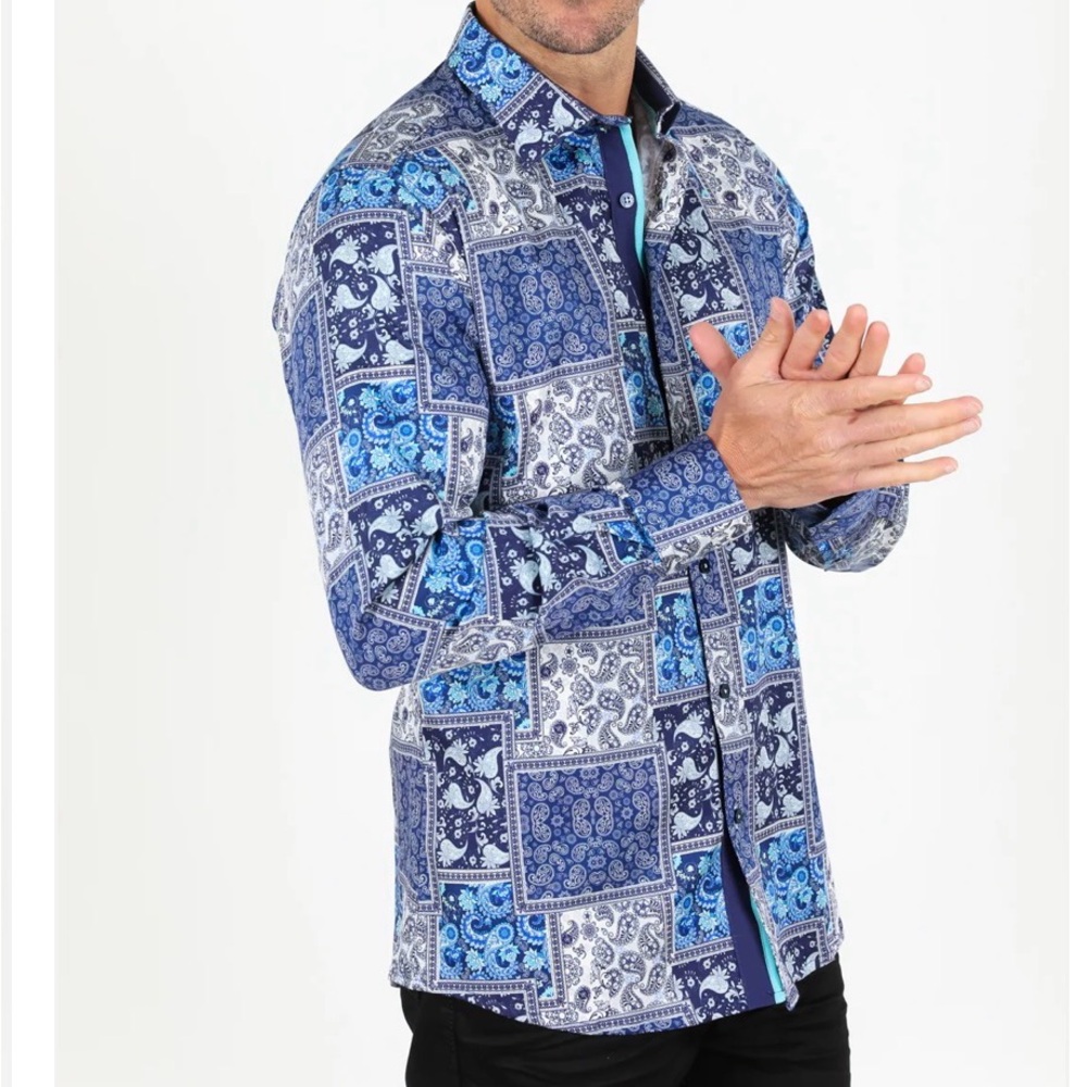 PLATINI Satin Cotton/Spandex Long Sleeve Blue Patterned Shirt Size L. NWT